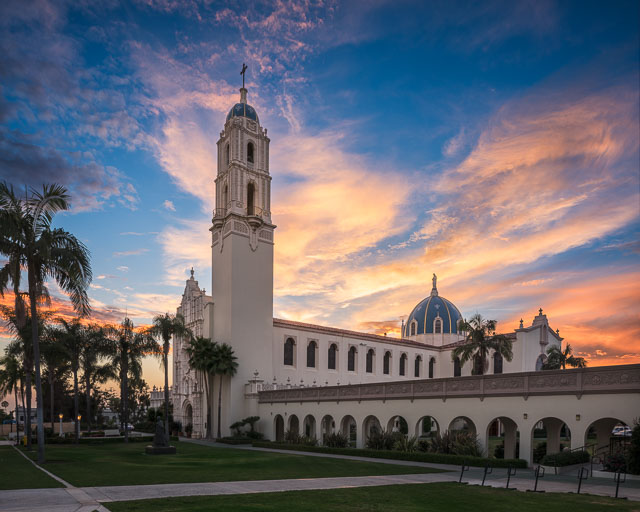 The Immaculata Church during sunset on the campus of the University of San Diego.